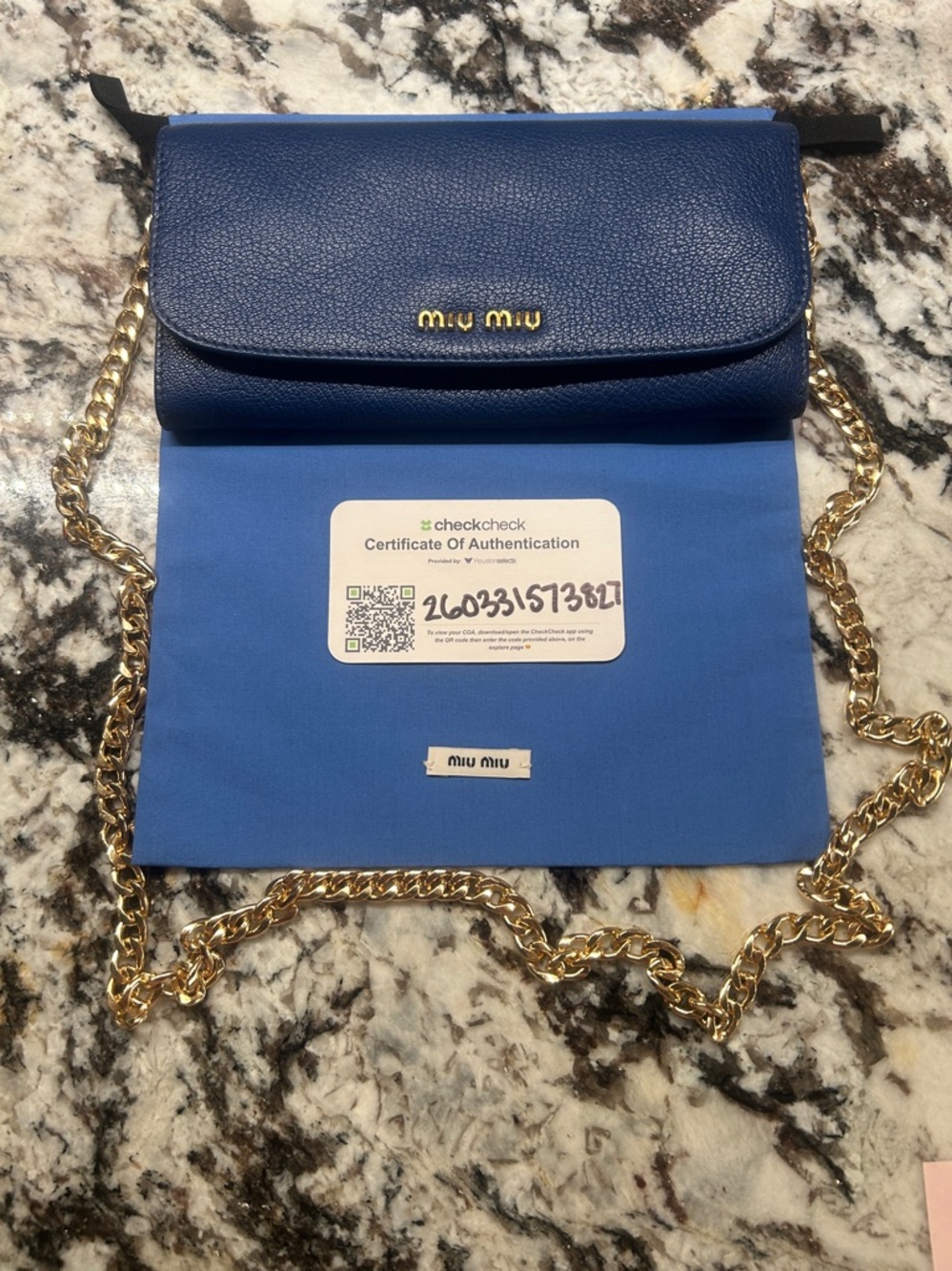 Miu Miu Navy Blue Textured Leather Crossbody with Gold Chain COA and dust bag
